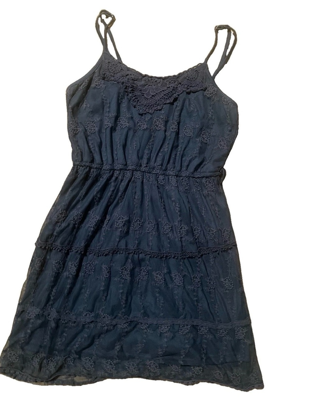 Ultra Pink Navy Lace-Detail Tiered Midi Dress